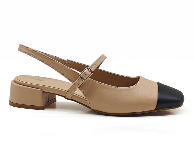 Beige - Black Mary Jane Slingback Block Heels